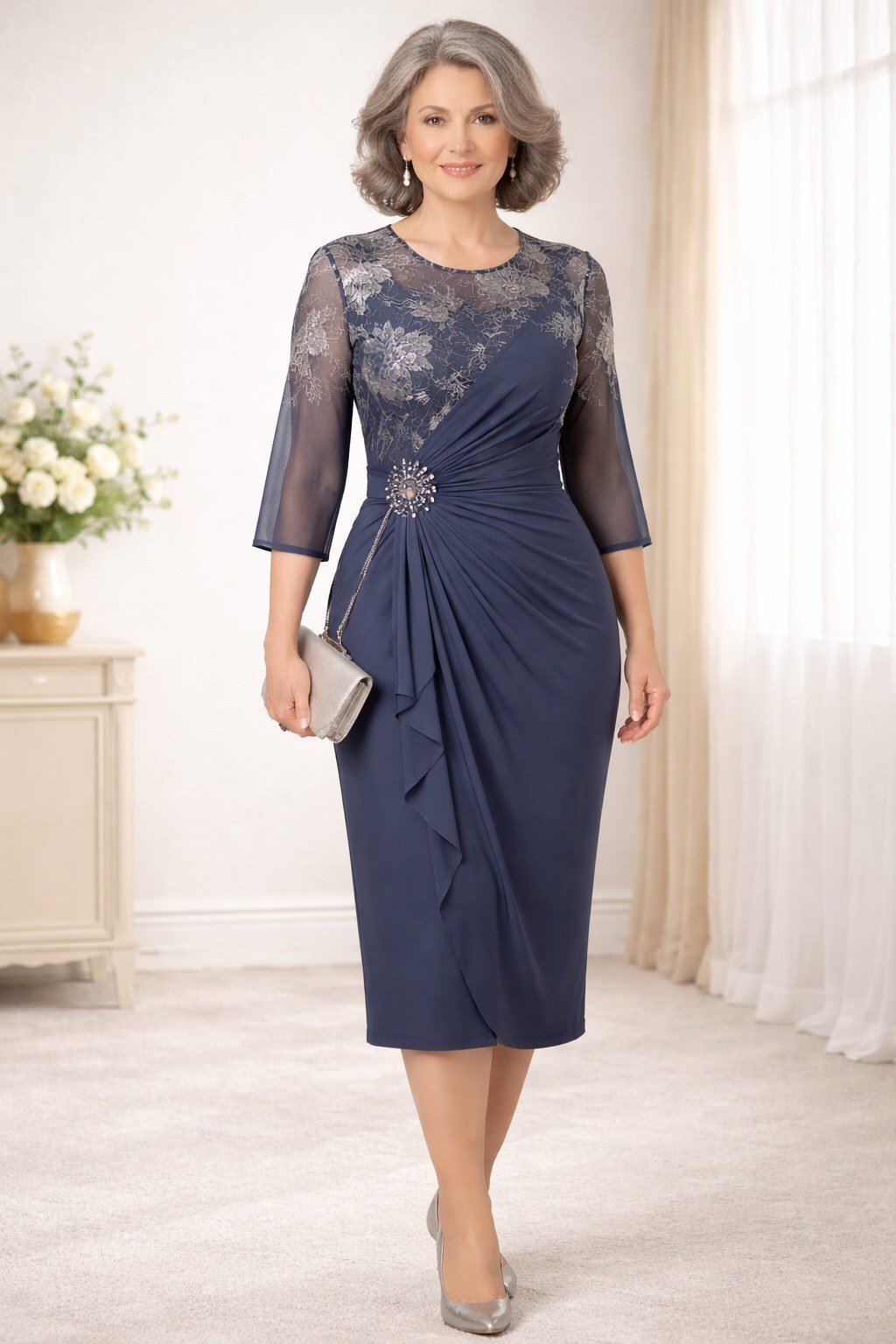 Navy Lace-Bodice Sheath Dress - engagement party dress for women over 60