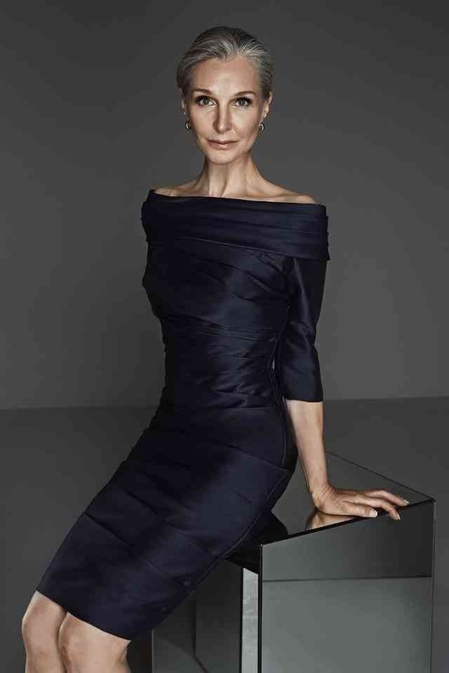 Off-Shoulder Navy Satin Cocktail Dress - engagement party dress for women over 60