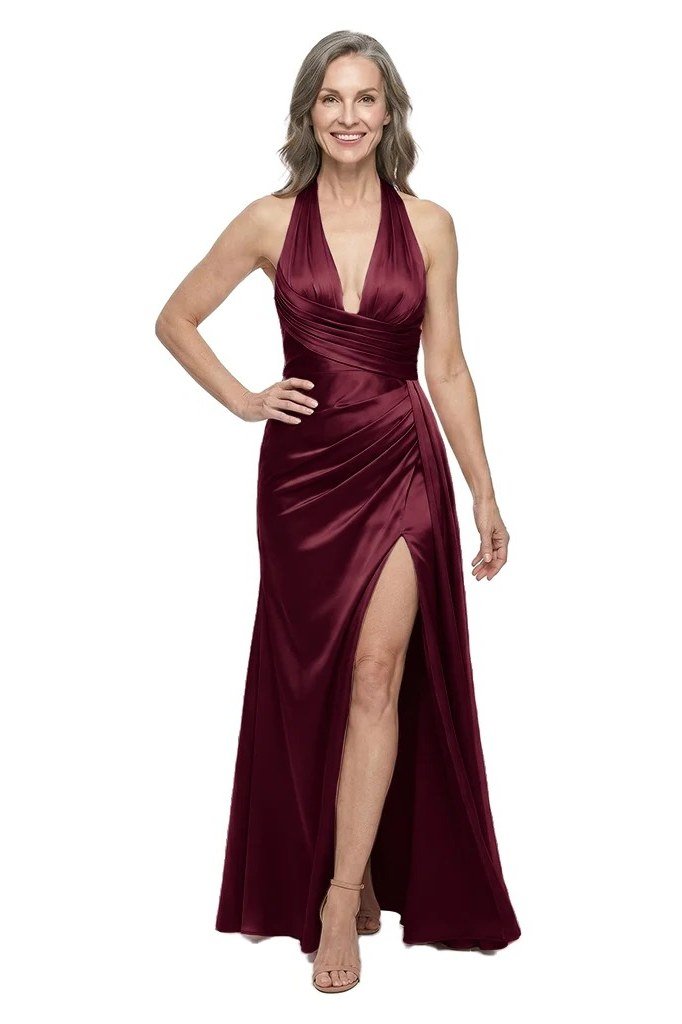 Wine Halter-Neck Gown with Slit - engagement party dress for women over 60