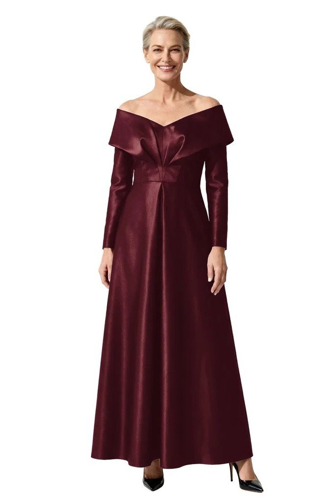 Burgundy Off-Shoulder Evening Gown - engagement party dress for women over 60