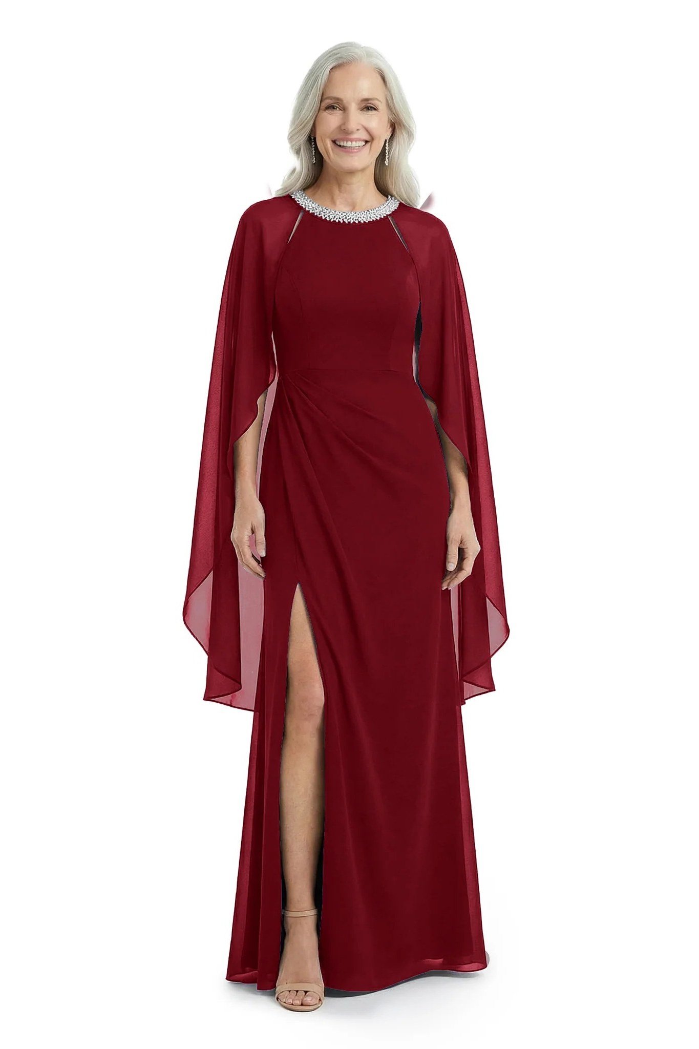 Red Cape-Sleeve Evening Gown - engagement party dress for women over 60