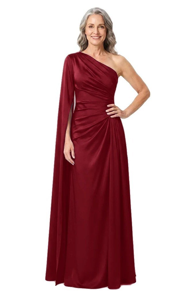 Red One-Shoulder Cape Gown - engagement party dress for women over 60