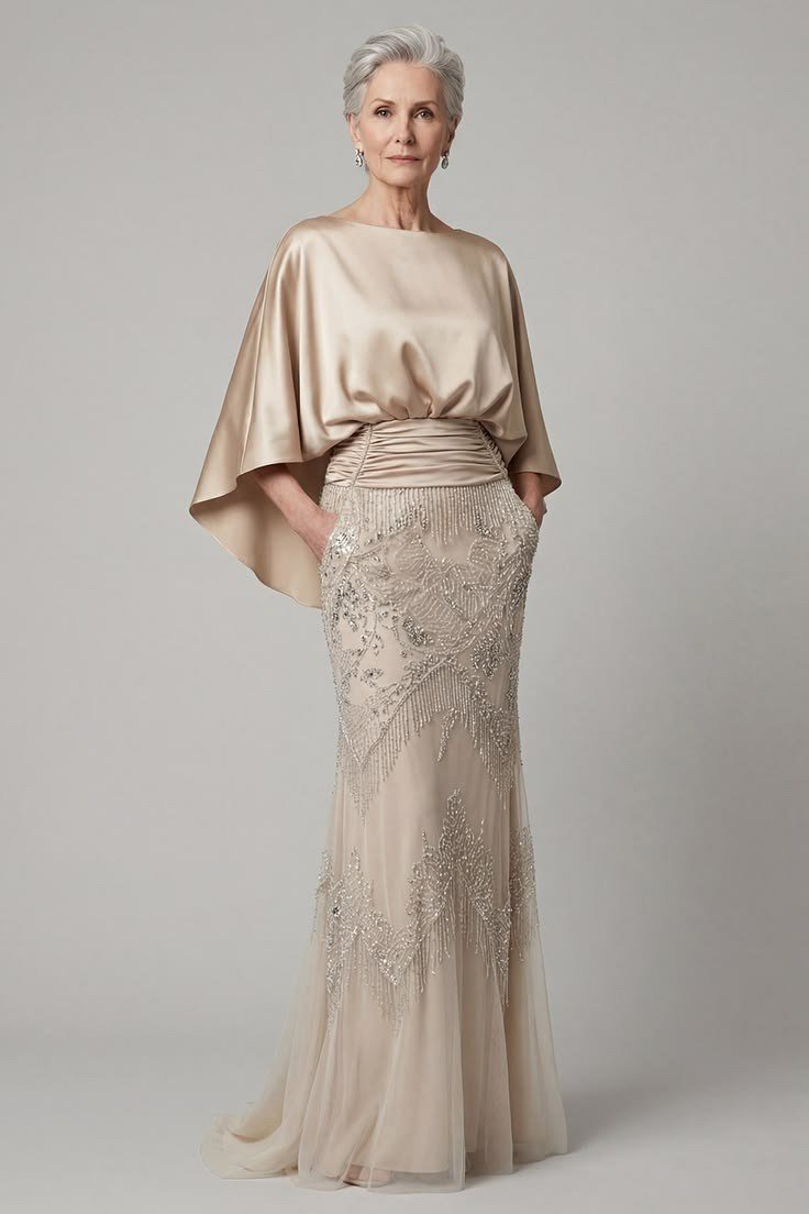 Champagne Lace Cape Evening Gown - engagement party dress for women over 60