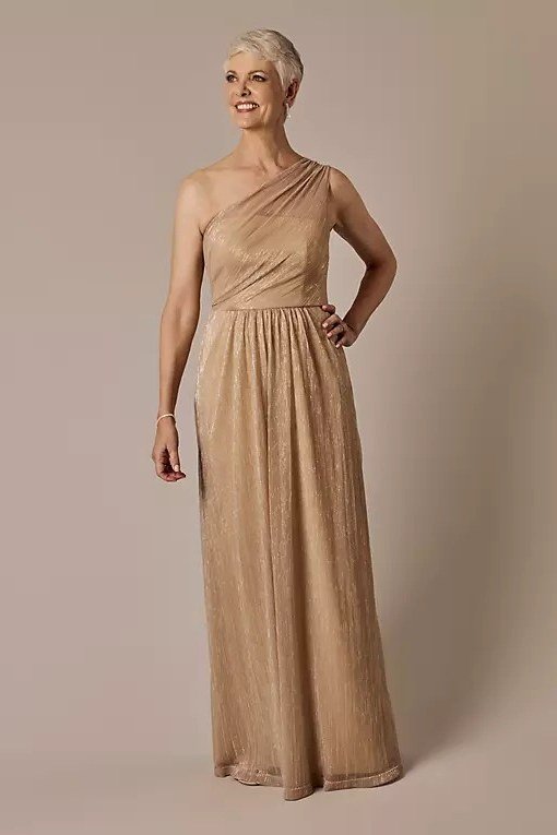 Gold One-Shoulder Evening Gown - engagement party dress for women over 60