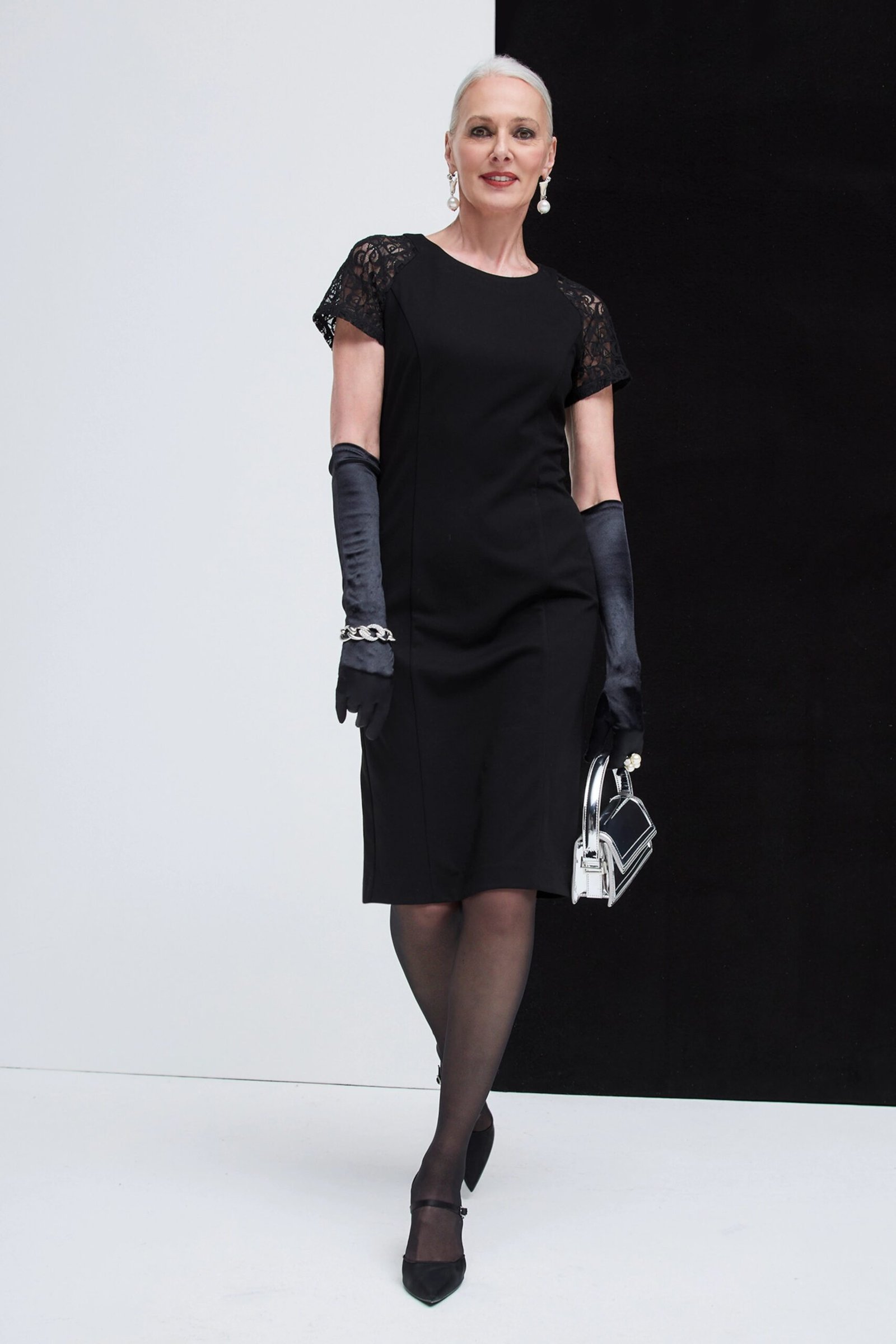 Black Cocktail Dress with Opera Gloves - engagement party dress for women over 60