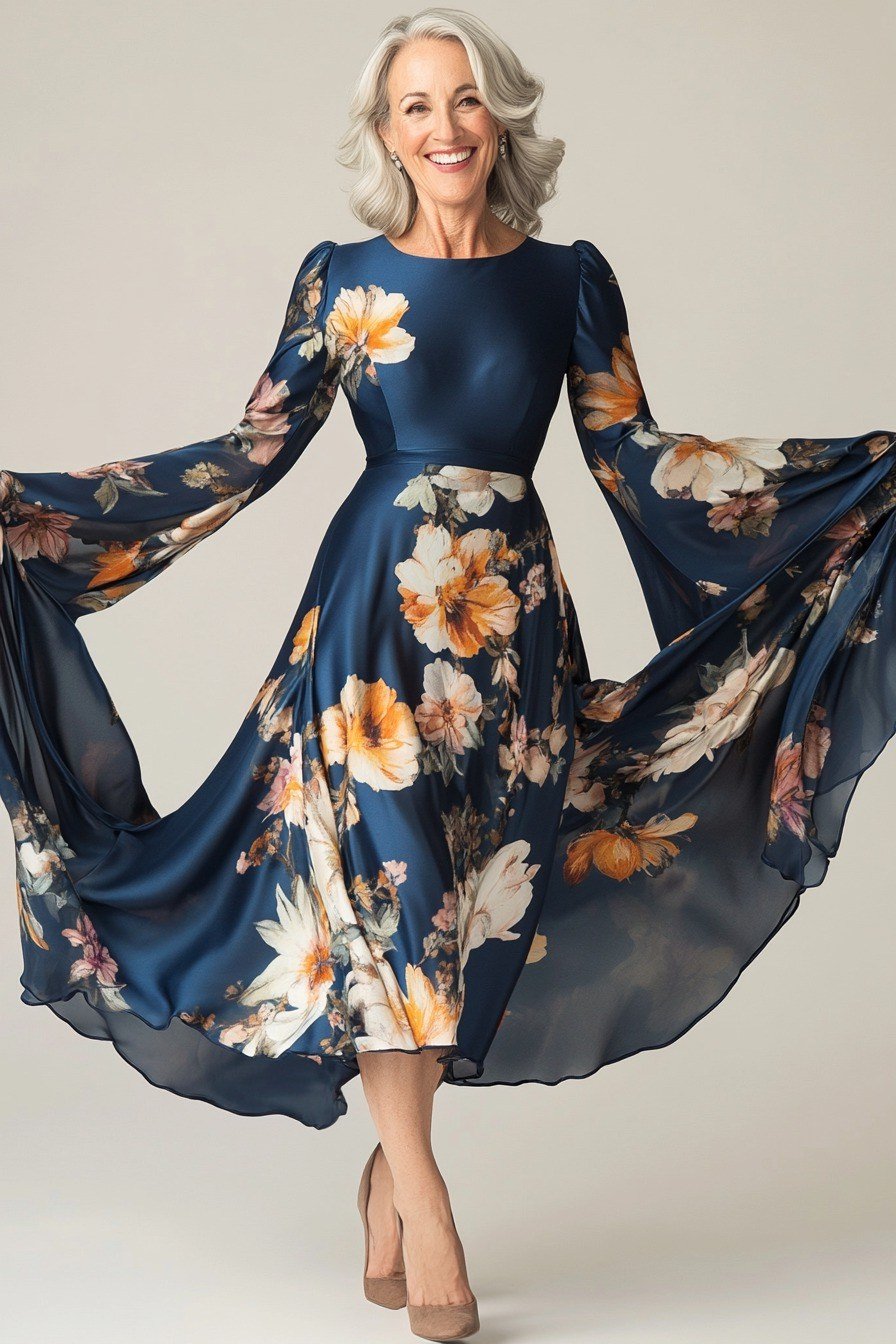 Navy Floral Bell-Sleeve Maxi Dress - engagement party dress for women over 60