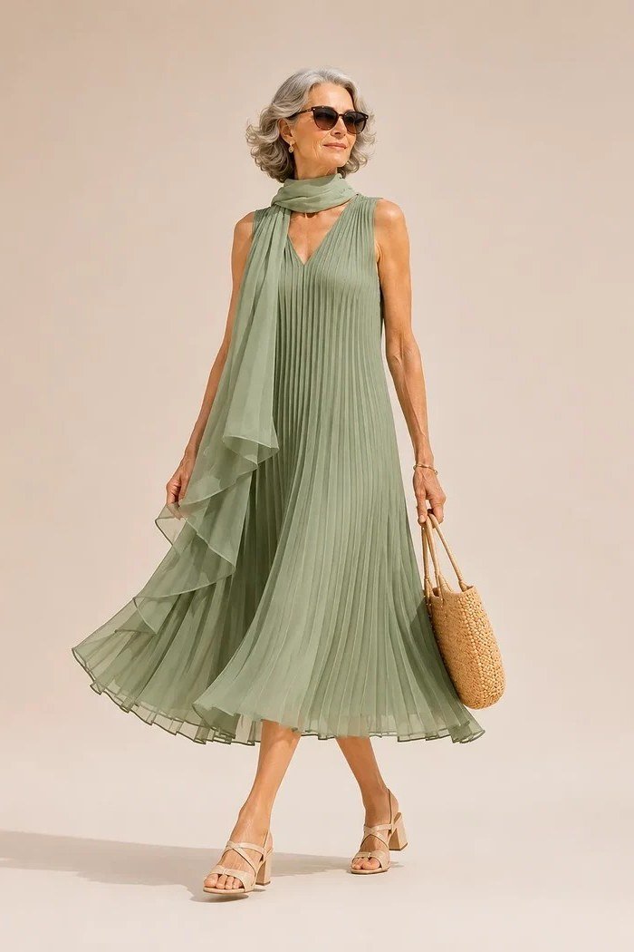 Sage Green Pleated Dress with Scarf - engagement party dress for women over 60