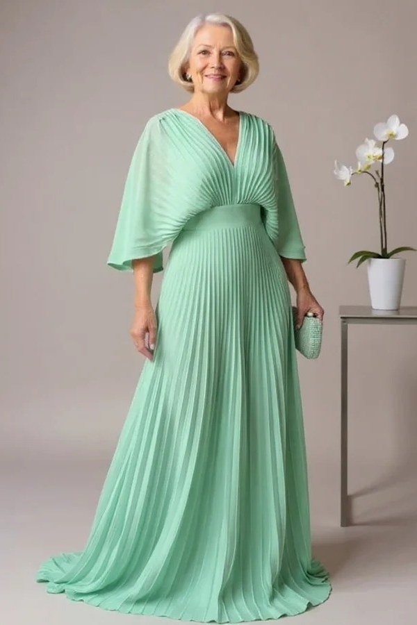 Mint Green Pleated Evening Gown - engagement party dress for women over 60