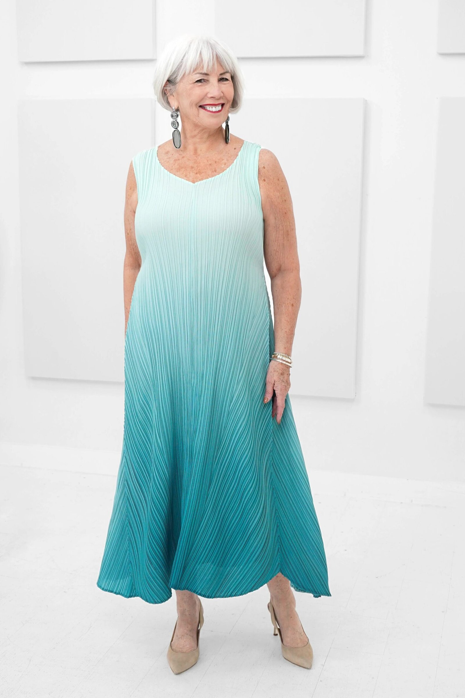 Teal Ombre Pleated Dress - engagement party dress for women over 60