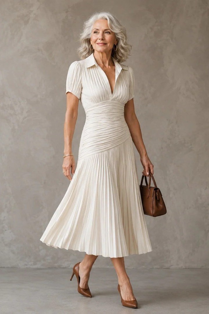 White Pleated Midi Dress - engagement party dress for women over 60