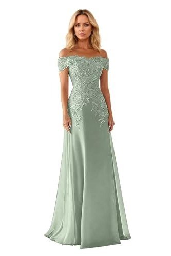 Sage Off-Shoulder Lace Mermaid Gown - engagement party dress for women over 60
