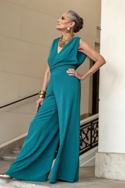 Teal Evening Jumpsuit on the Stairs - engagement party dress for women over 60