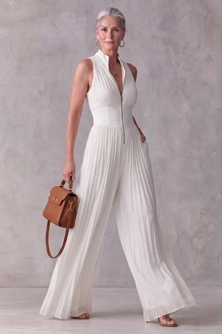 White Pleated Jumpsuit - engagement party dress for women over 60