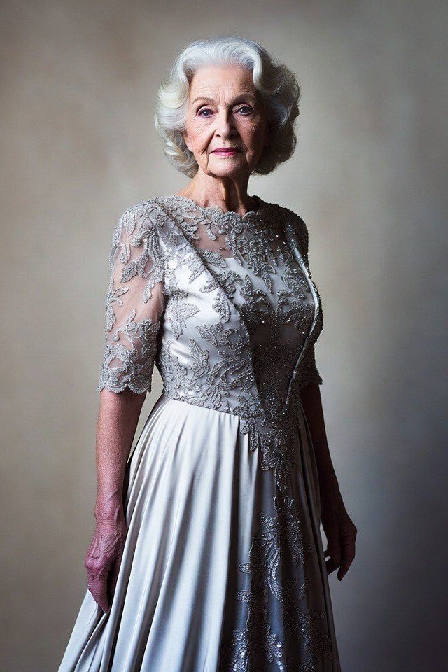 Silver Lace Three-Quarter-Sleeve Evening Gown - engagement party dress for women over 60