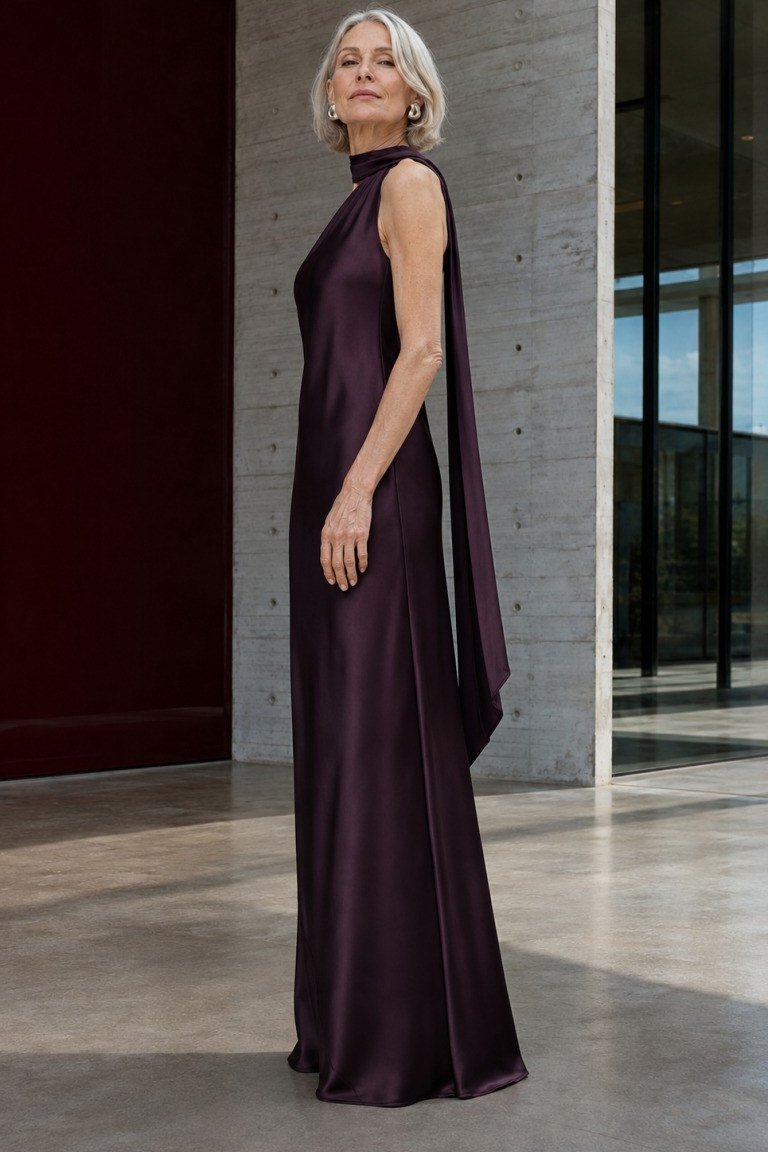 Plum Halter Evening Gown - engagement party dress for women over 60