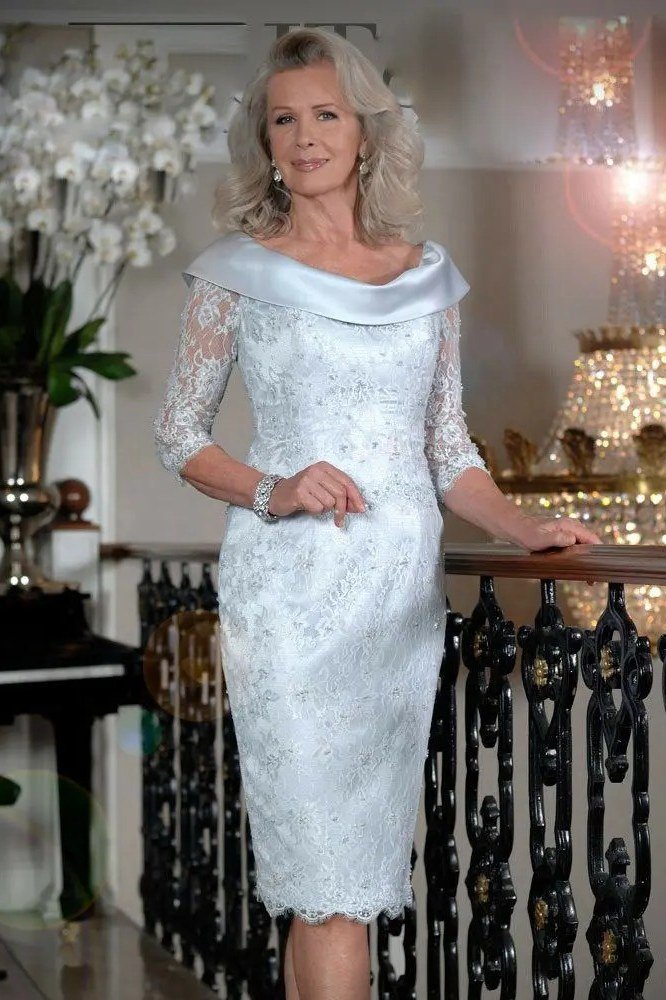 Light Blue Lace Cowl-Neck Dress - engagement party dress for women over 60