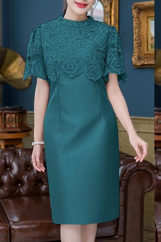 Teal Lace Cape Cocktail Dress - engagement party dress for women over 60
