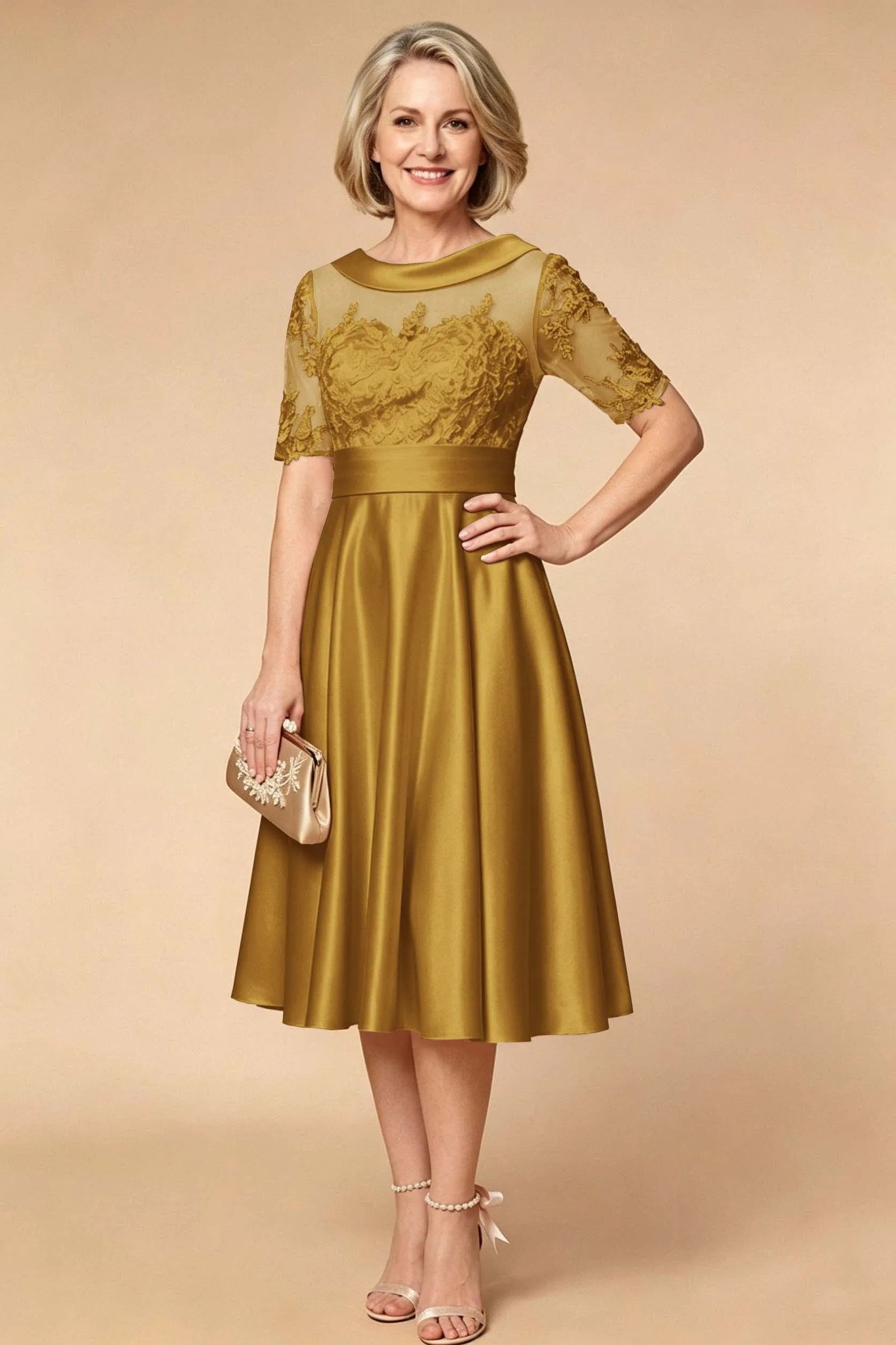 Gold Satin V-Neck Cocktail Dress - engagement party dress for women over 60