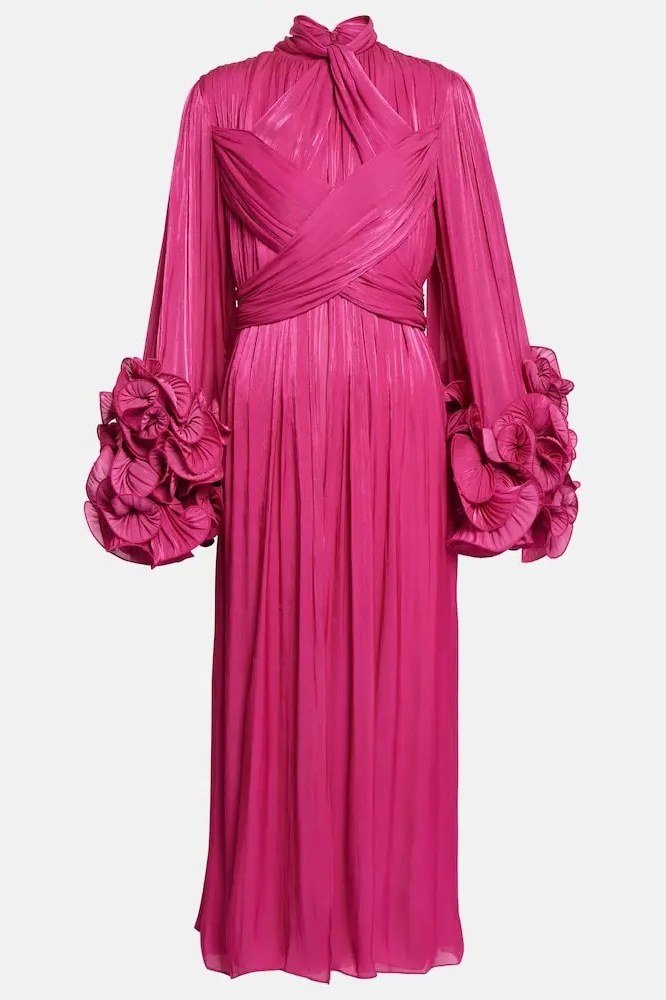 Magenta Pleated Gown with Ruffle Sleeves - engagement party dress for women over 60