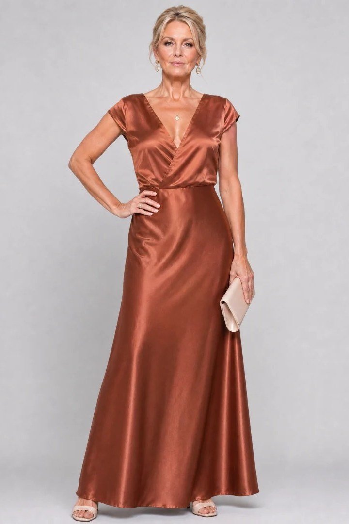 Copper Satin V-Neck Evening Gown - engagement party dress for women over 60
