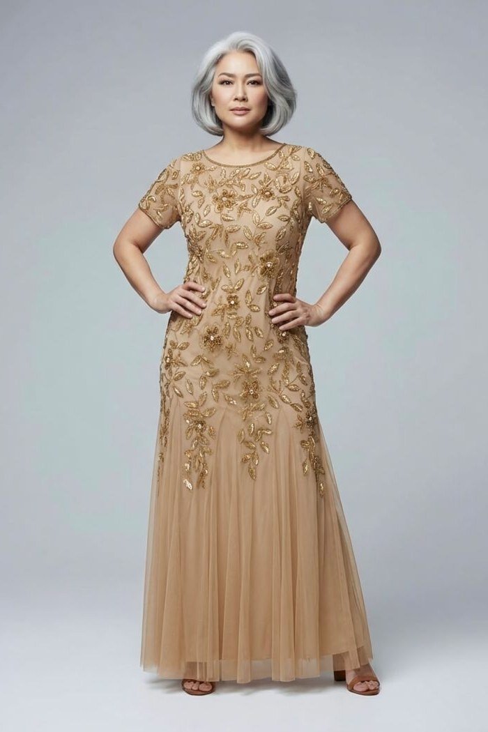 Gold Embroidered Tulle Evening Gown - engagement party dress for women over 60