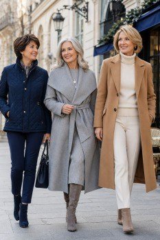 Camel, Grey and Navy Long Coats elegant outfit for women over 70, repeat-worthy style idea 1