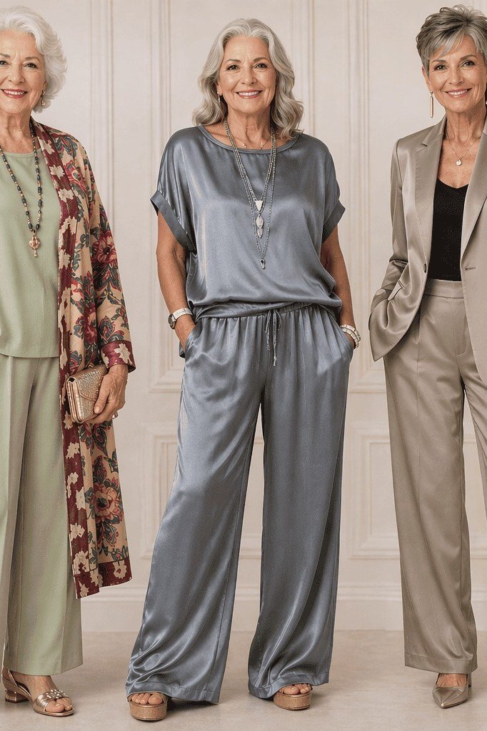 Silk Suits and Floral Kimono Trio elegant outfit for women over 70, repeat-worthy style idea 6