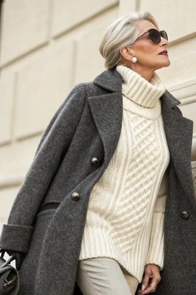 Cream Cable-Knit Turtleneck Under Charcoal Coat elegant outfit for women over 70, repeat-worthy style idea 8