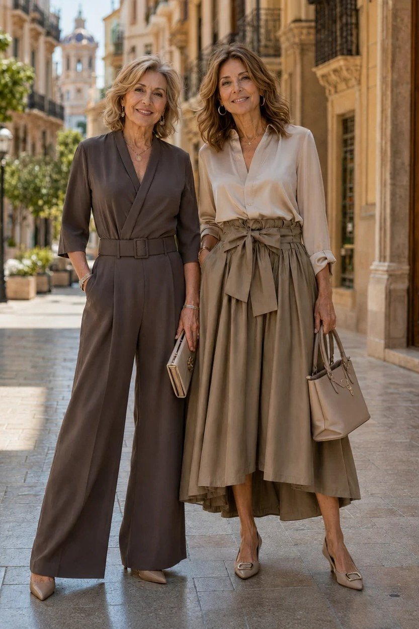 Beige Belted Jumpsuit and Taupe Sets elegant outfit for women over 70, repeat-worthy style idea 10