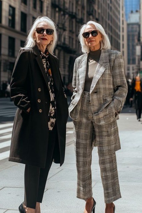 Plaid Wool Blazer and Long Black Coat elegant outfit for women over 70, repeat-worthy style idea 13