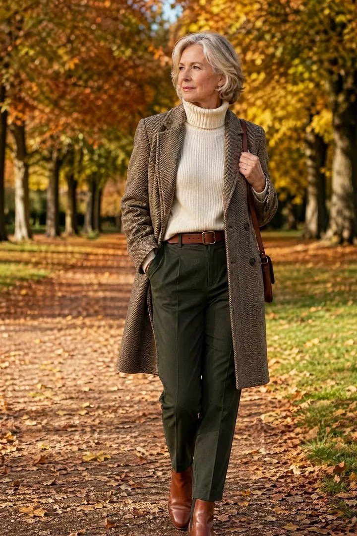 Camel Coat Over Cream Turtleneck in the Park elegant outfit for women over 70, repeat-worthy style idea 15