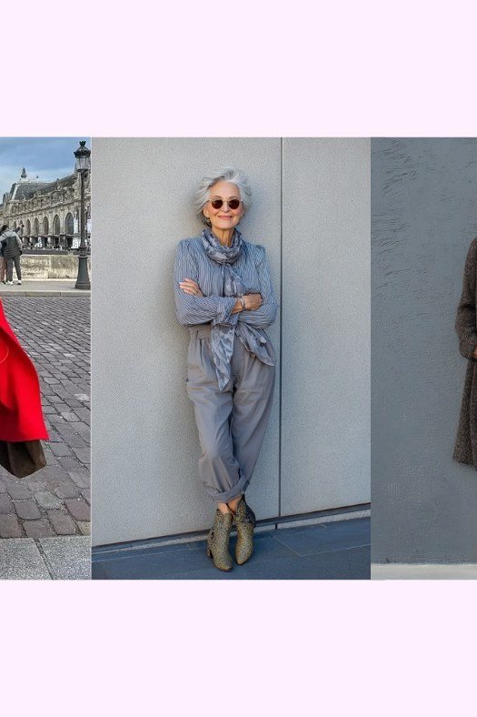 Grey Coat Looks and Red Coat Collage elegant outfit for women over 70, repeat-worthy style idea 16