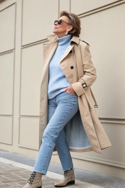Camel Trench Coat With Sky-Blue Knit elegant outfit for women over 70, repeat-worthy style idea 18