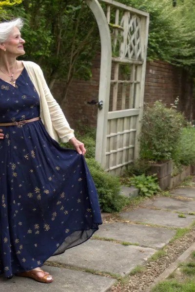 Navy Floral Maxi Dress With Cream Cardigan elegant outfit for women over 70, repeat-worthy style idea 20