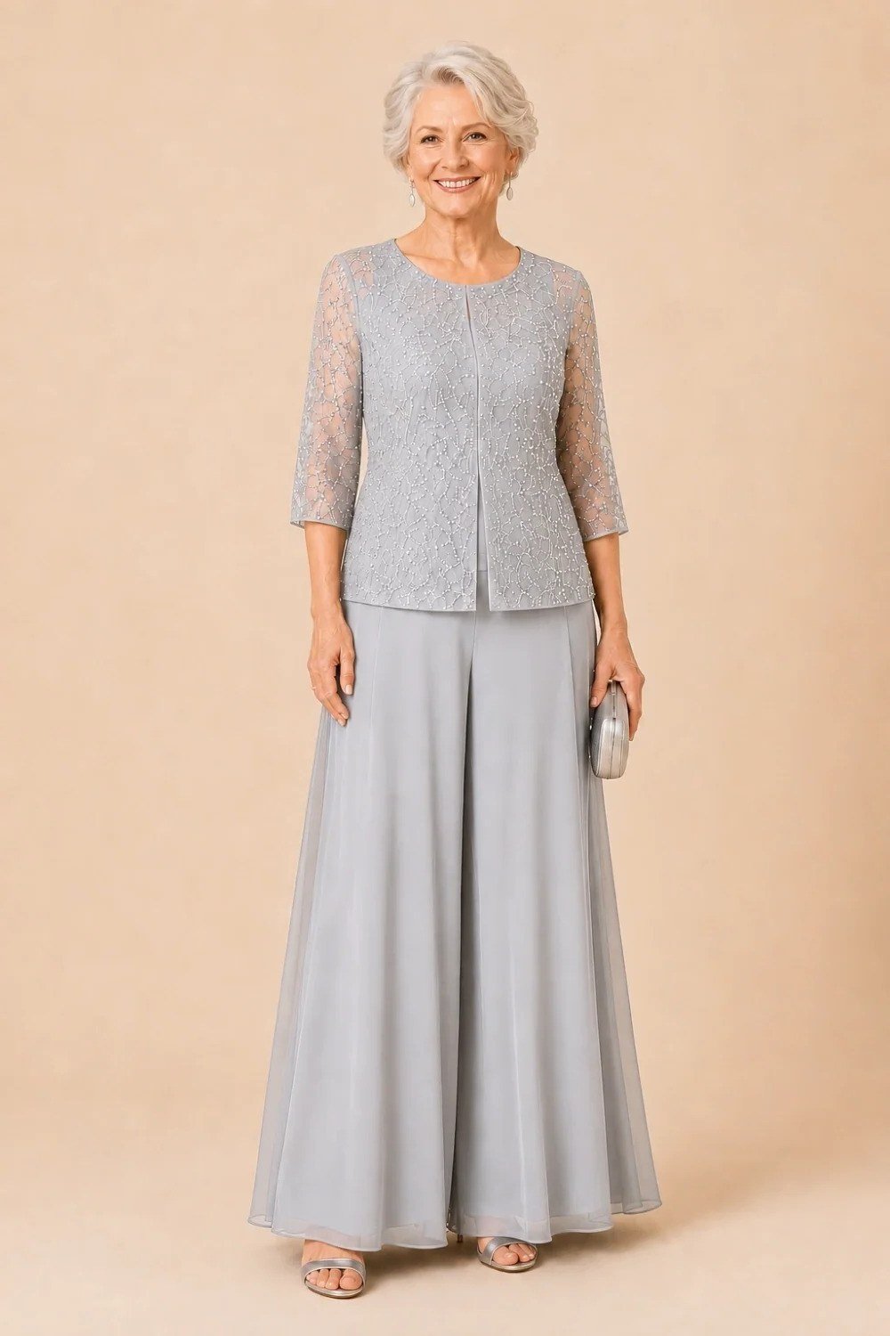 Silver-Grey Lace Blouse With Palazzo Pants elegant outfit for women over 70, repeat-worthy style idea 22
