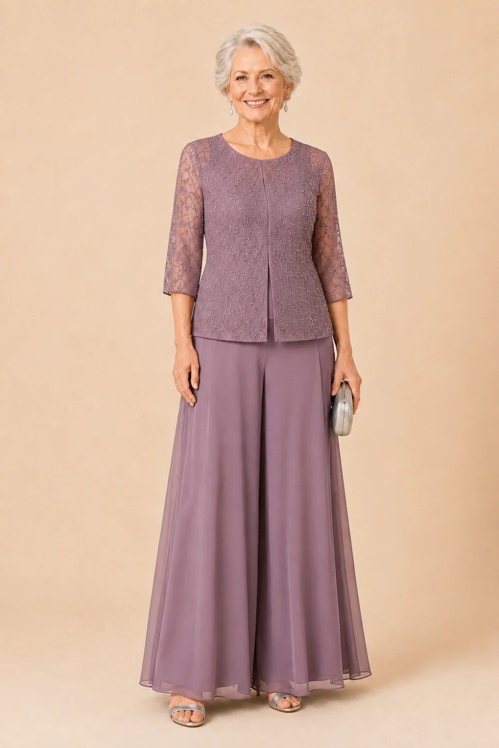 Mauve Lace Blouse With Wide-Leg Trousers elegant outfit for women over 70, repeat-worthy style idea 25