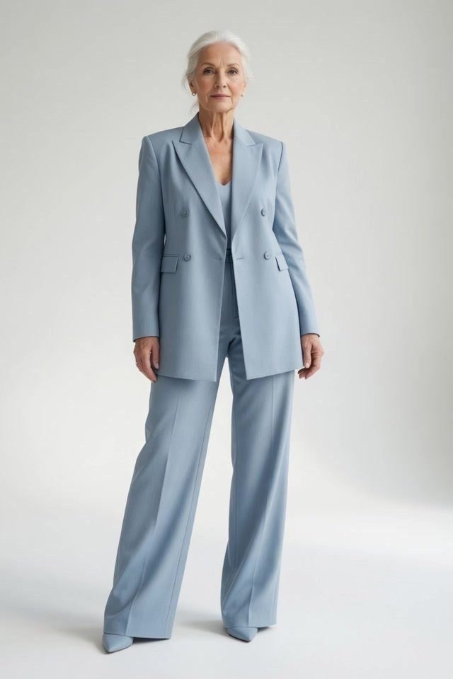 Powder-Blue Pantsuit in the Studio elegant outfit for women over 70, repeat-worthy style idea 28