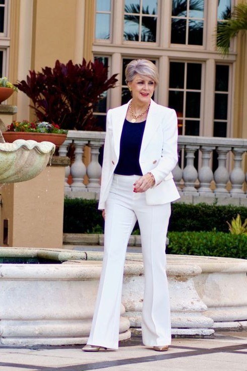 White Blazer With Navy Top at the Fountain elegant outfit for women over 70, repeat-worthy style idea 30