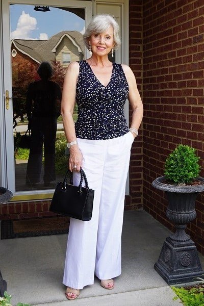 Navy Printed Top With White Trousers elegant outfit for women over 70, repeat-worthy style idea 32