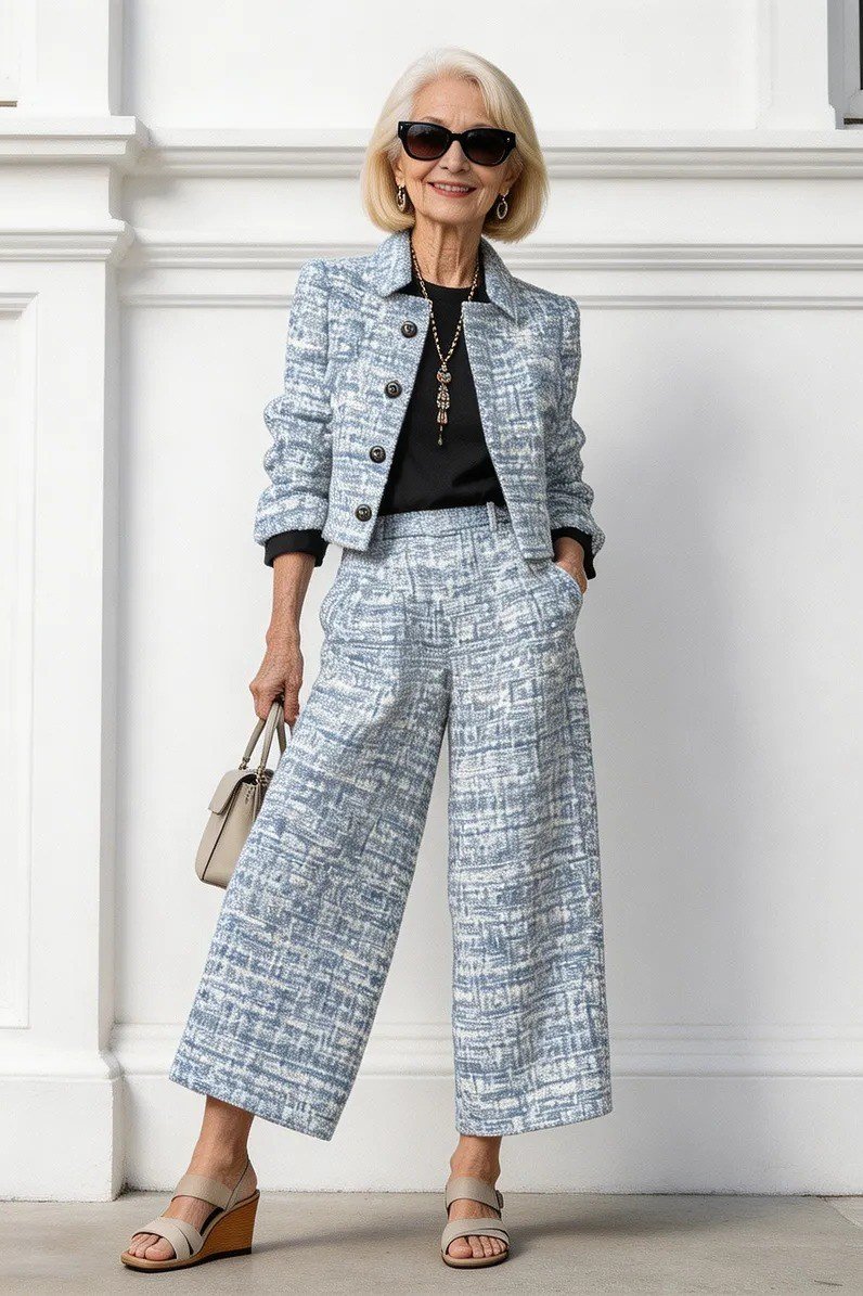 Powder-Blue Tweed Jacket With Trousers elegant outfit for women over 70, repeat-worthy style idea 33