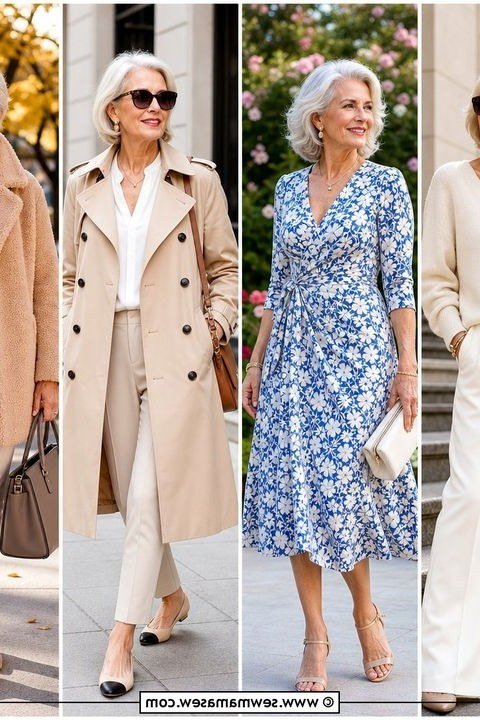 Cream Knit and Floral Dress Collage elegant outfit for women over 70, repeat-worthy style idea 34