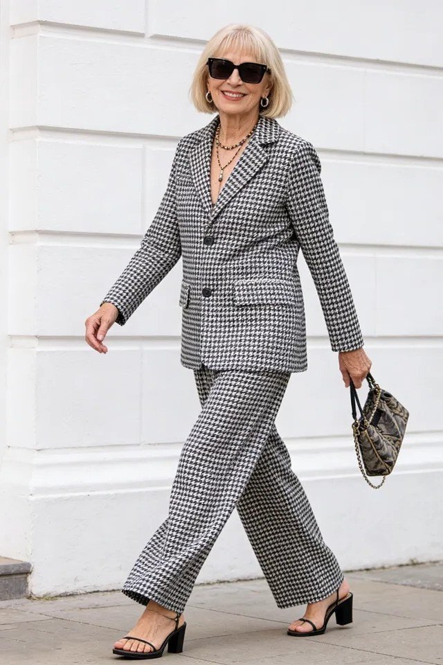 Black-and-White Houndstooth Pantsuit elegant outfit for women over 70, repeat-worthy style idea 35