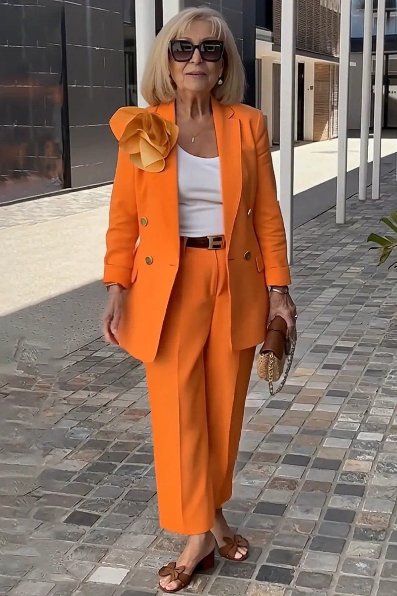 Burnt-Orange Pantsuit With White Top elegant outfit for women over 70, repeat-worthy style idea 36