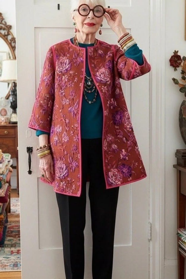 Fuchsia Floral Coat With Black Trousers elegant outfit for women over 70, repeat-worthy style idea 48