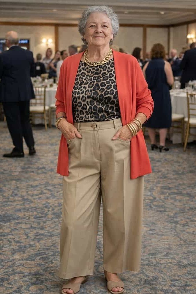 Coral Blazer With Leopard Top elegant outfit for women over 70, repeat-worthy style idea 49