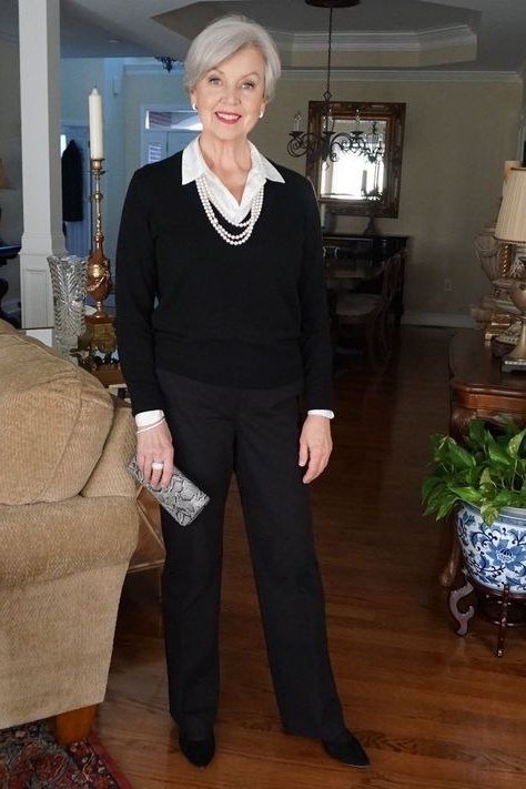 Black Sweater Over White Shirt elegant outfit for women over 70, repeat-worthy style idea 51