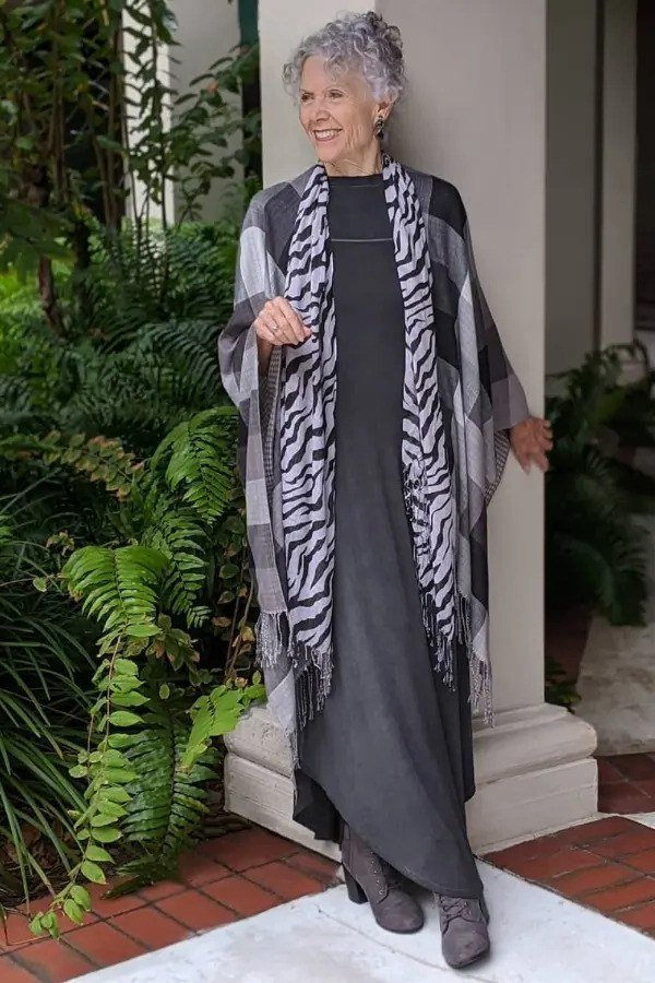 Charcoal Maxi Dress With Zebra Shawl elegant outfit for women over 70, repeat-worthy style idea 53