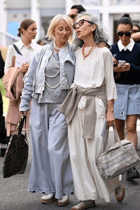 Cream Embroidered Maxi and Grey Pantsuit Group elegant outfit for women over 70, repeat-worthy style idea 58