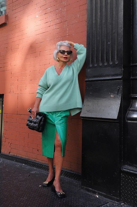 Mint Sweater With Emerald Satin Skirt elegant outfit for women over 70, repeat-worthy style idea 60