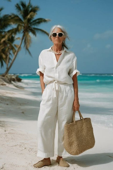 White Beach Jumpsuit With Straw Tote elegant outfit for women over 70, repeat-worthy style idea 62